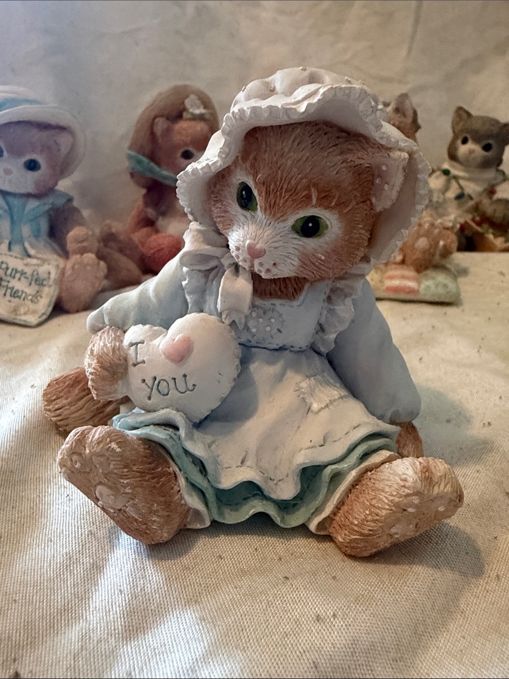 Decorative Cat Figurine in Light Blue Dress - Calico Kittens